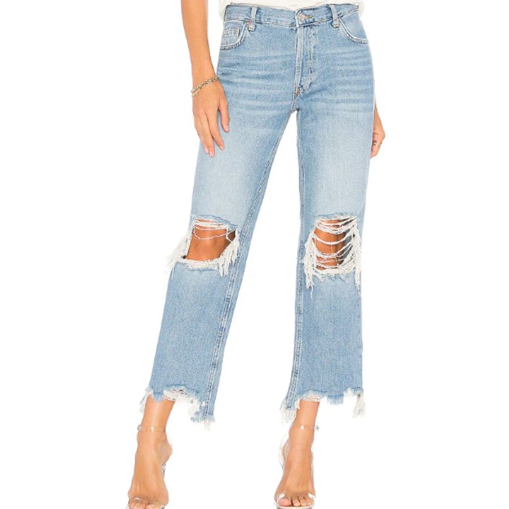 We The Free People Maggie Straight Jeans 29 Stone Wash Button Fly Frayed Hem